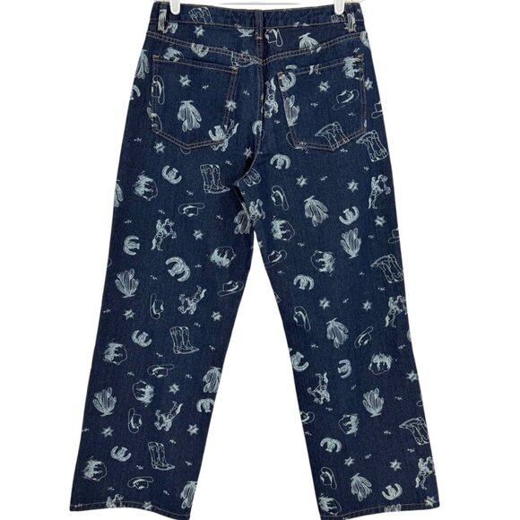 Cali 1850 Women's Wide Leg Mid Rise Western Print Blue Denim Jean Size 11/30 NWT - Picture 2 of 10